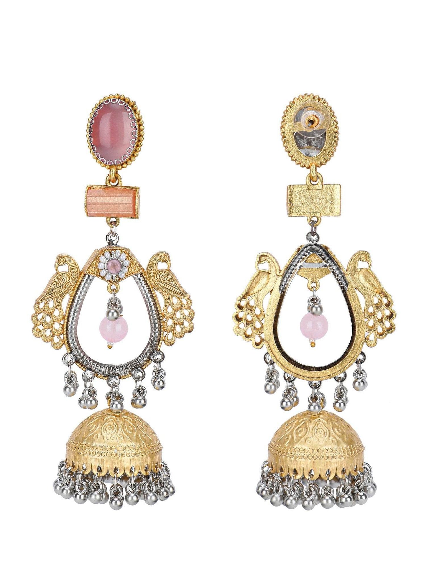 Gold-Toned Pink Dual-Metal Dangler Jhumka Earrings - Auraa Trends