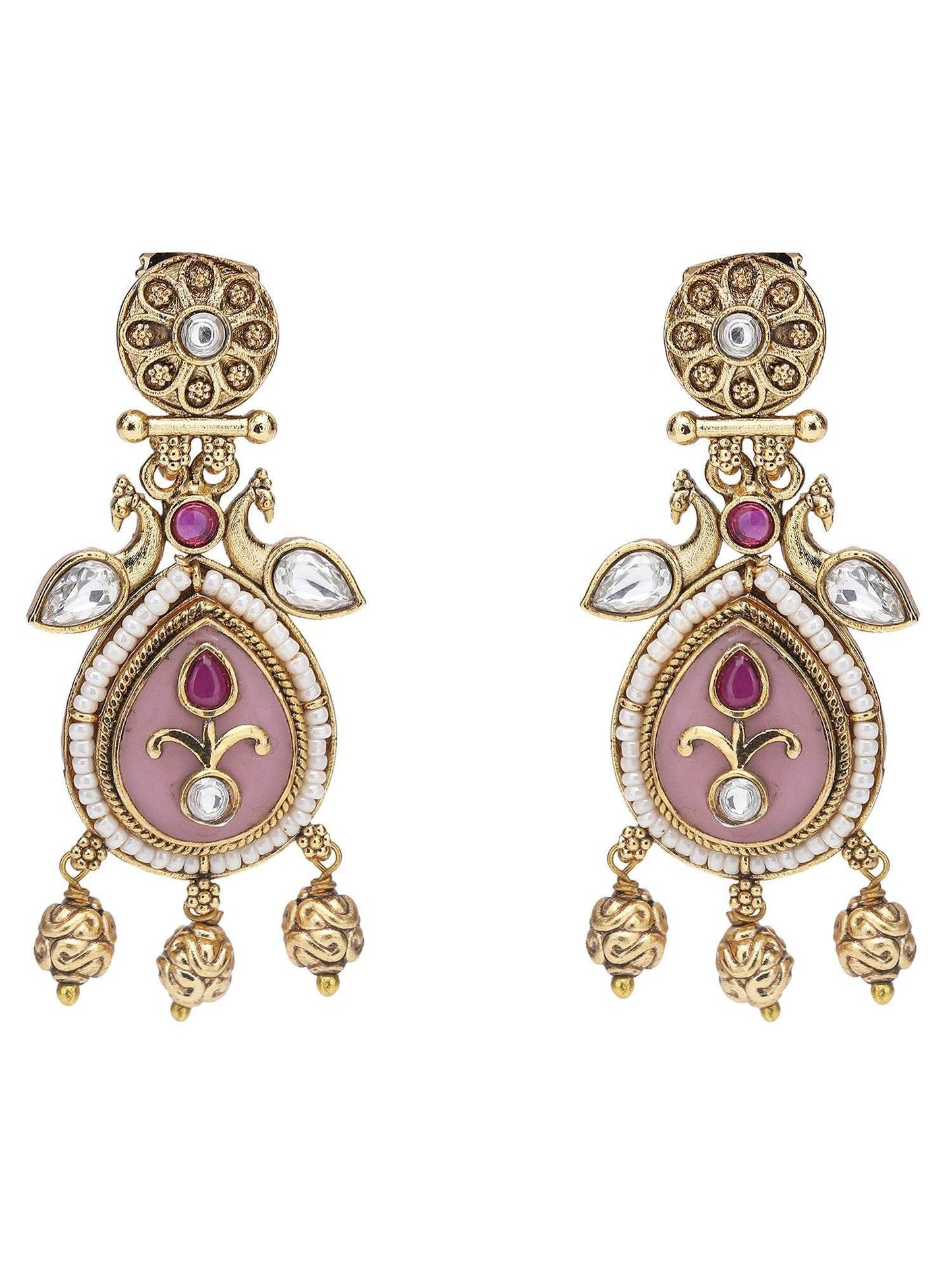 Gold-Toned & White Gold Plated Kundan-Polki Handcrafted Beaded Necklace Set - Auraa Trends