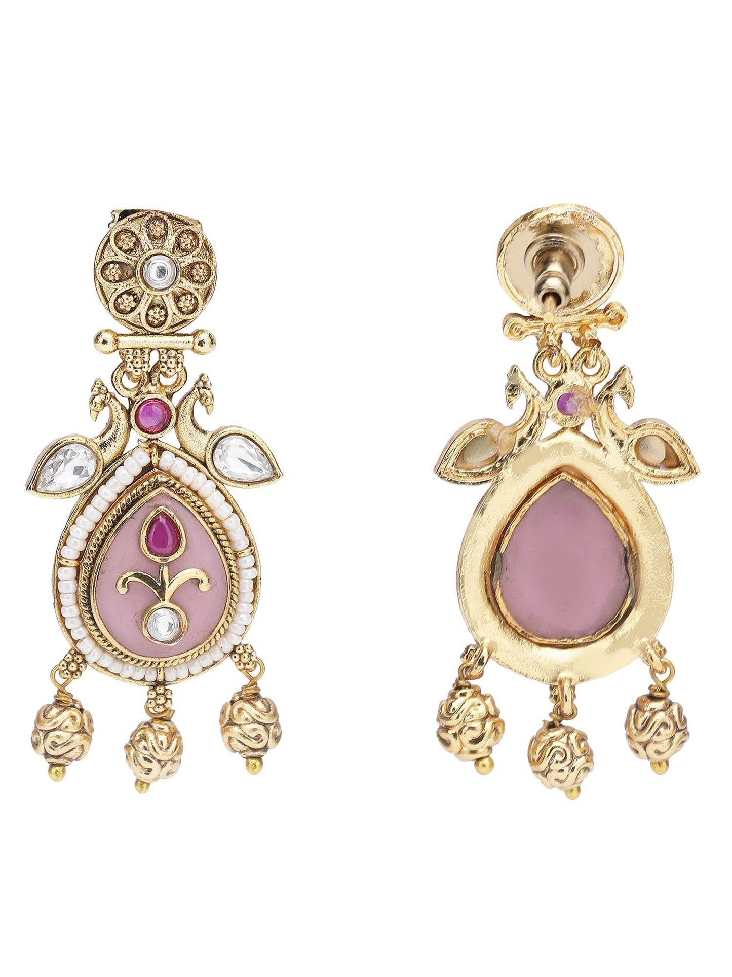 Gold-Toned & White Gold Plated Kundan-Polki Handcrafted Beaded Necklace Set - Auraa Trends