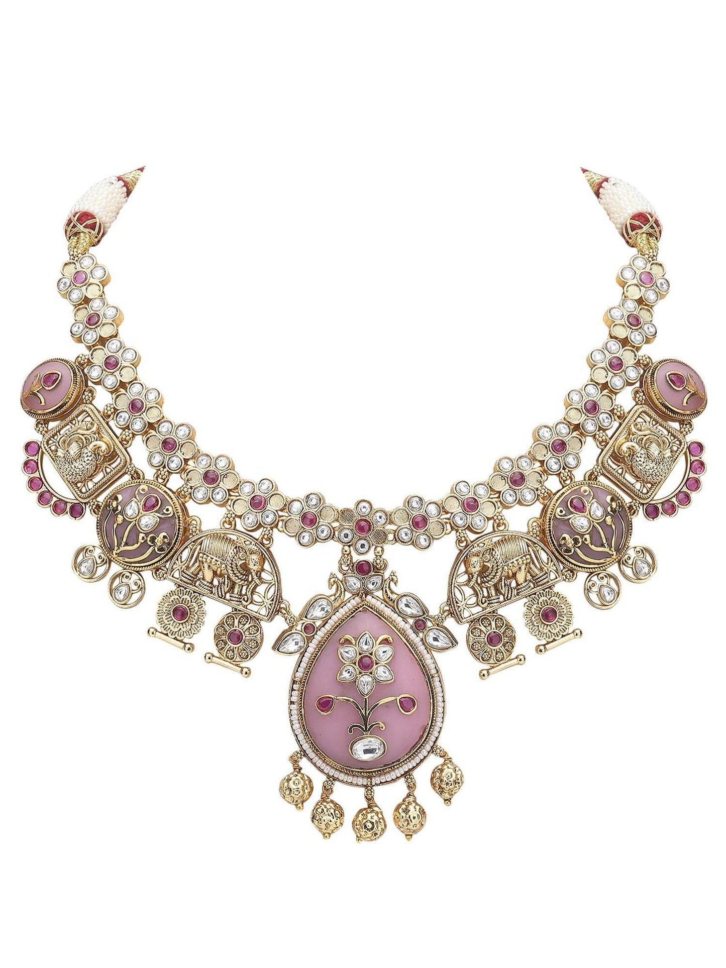 Gold-Toned & White Gold Plated Kundan-Polki Handcrafted Beaded Necklace Set - Auraa Trends