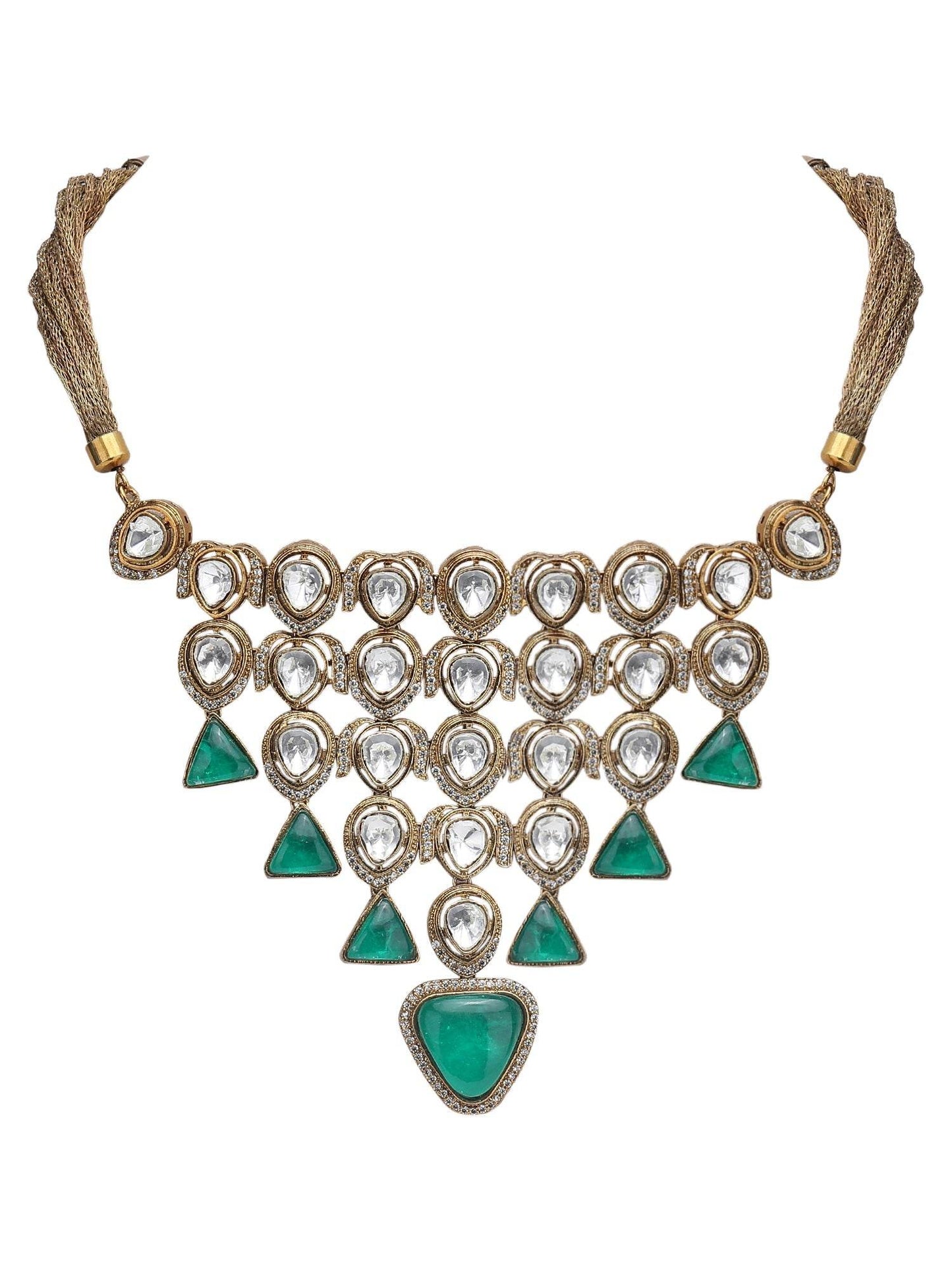 Gold-Toned & White Gold-Plated Kundan-Polki Handcrafted Beaded Necklace Set - Auraa Trends