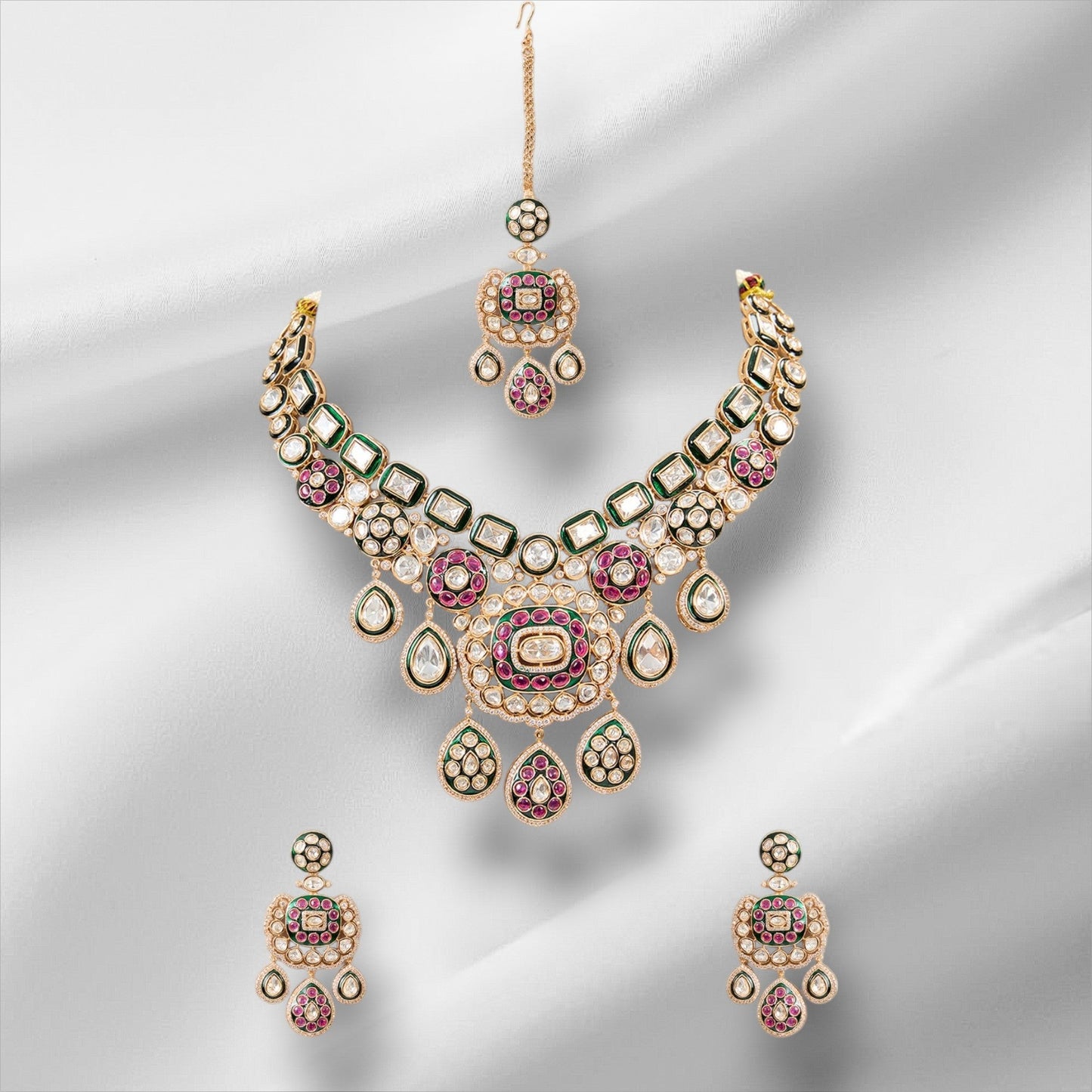 Gorgeous Bridal Necklace and Earrings Set with Ruby, Green, and Pearl Stone - Auraa Trends - necklace - # - Auraa Trends - Gorgeous Bridal Necklace and Earrings Set with Ruby, Green, and Pearl Stone