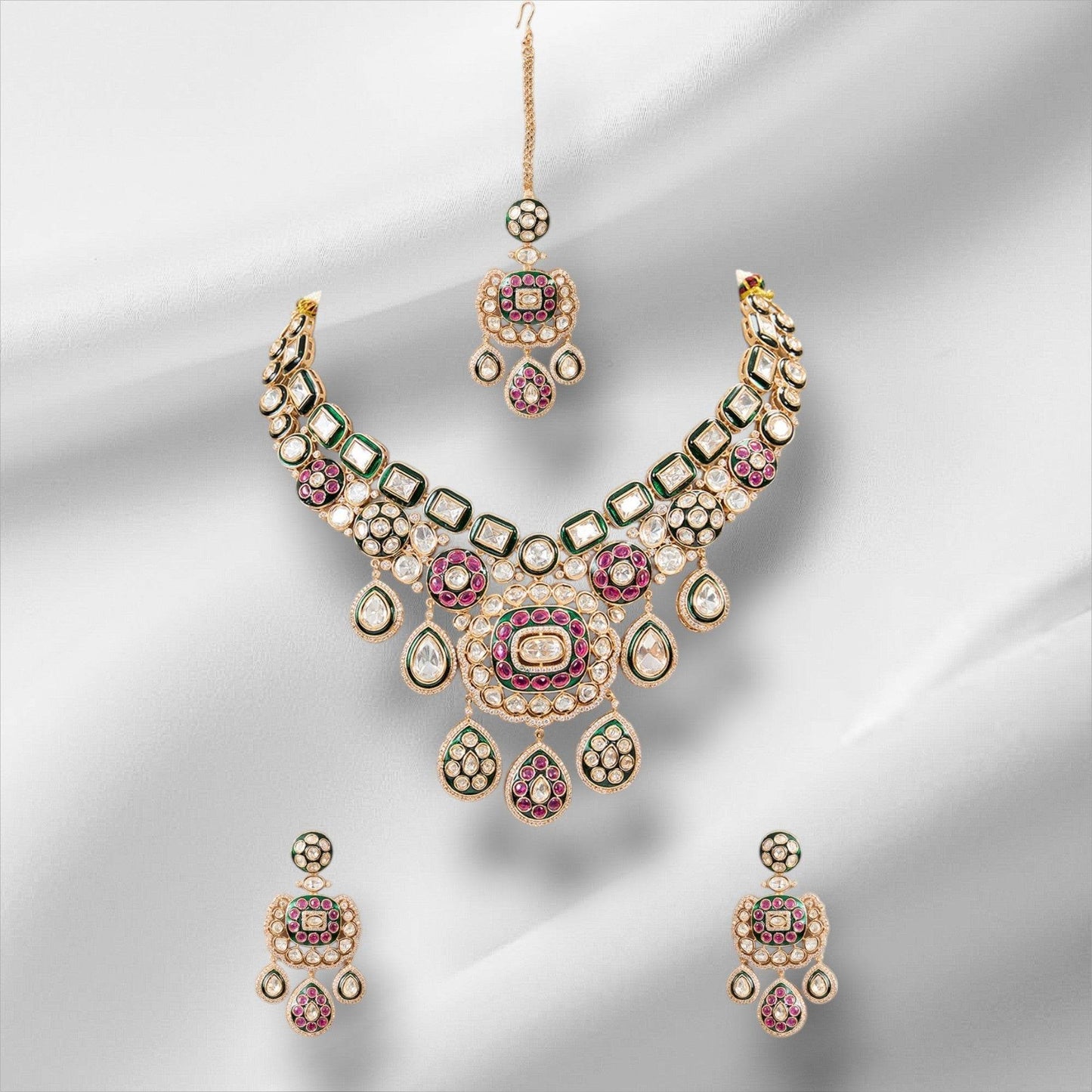 Gorgeous Bridal Necklace and Earrings Set with Ruby, Green, and Pearl Stone - Auraa Trends