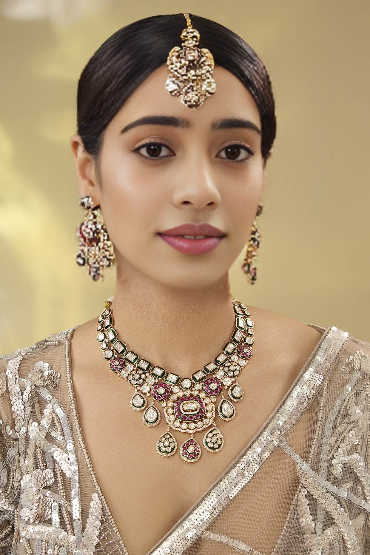 Gorgeous Bridal Necklace and Earrings Set with Ruby, Green, and Pearl Stone - Auraa Trends
