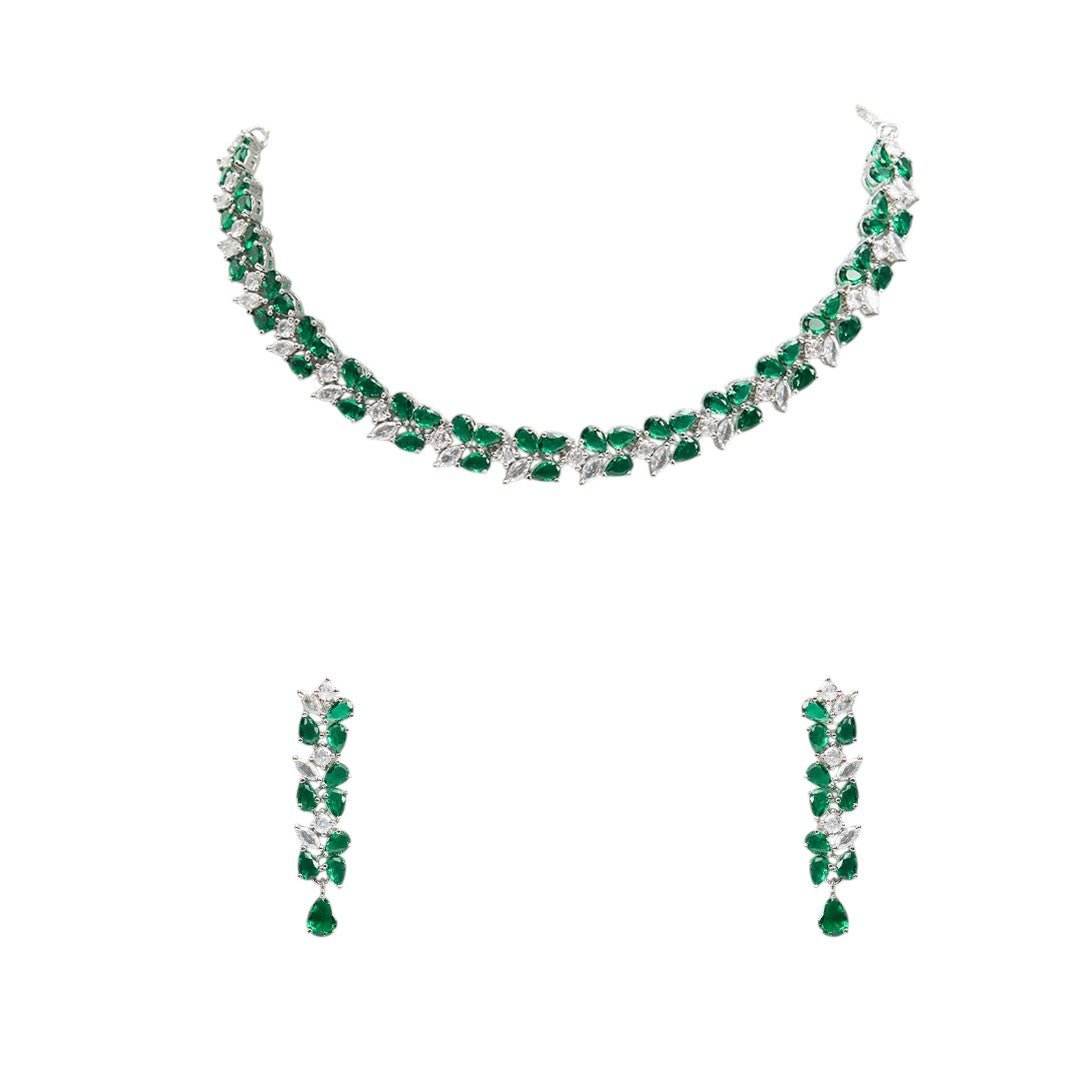 Graceful Green & White Stone Necklace Set with Matching Earrings - Auraa Trends