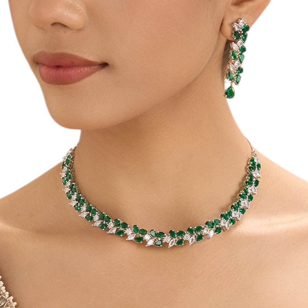 Graceful Green & White Stone Necklace Set with Matching Earrings - Auraa Trends