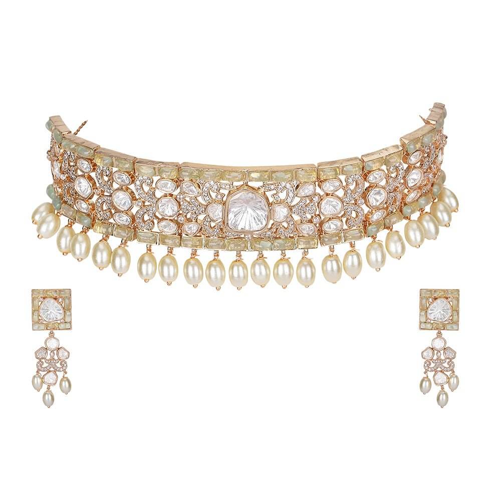 Graceful Pearl and Polki Choker Necklace Set with Earrings - Auraa Trends