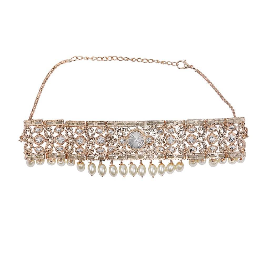 Graceful Pearl and Polki Choker Necklace Set with Earrings - Auraa Trends