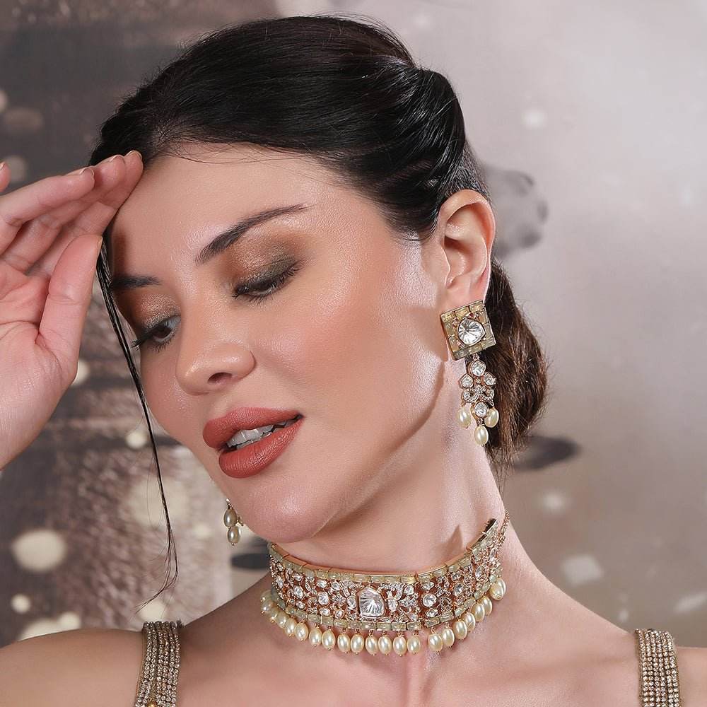 Graceful Pearl and Polki Choker Necklace Set with Earrings - Auraa Trends
