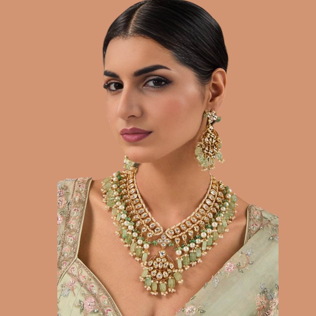 Grand Mint Green Layered Kundan Necklace Set - Auraa Trends