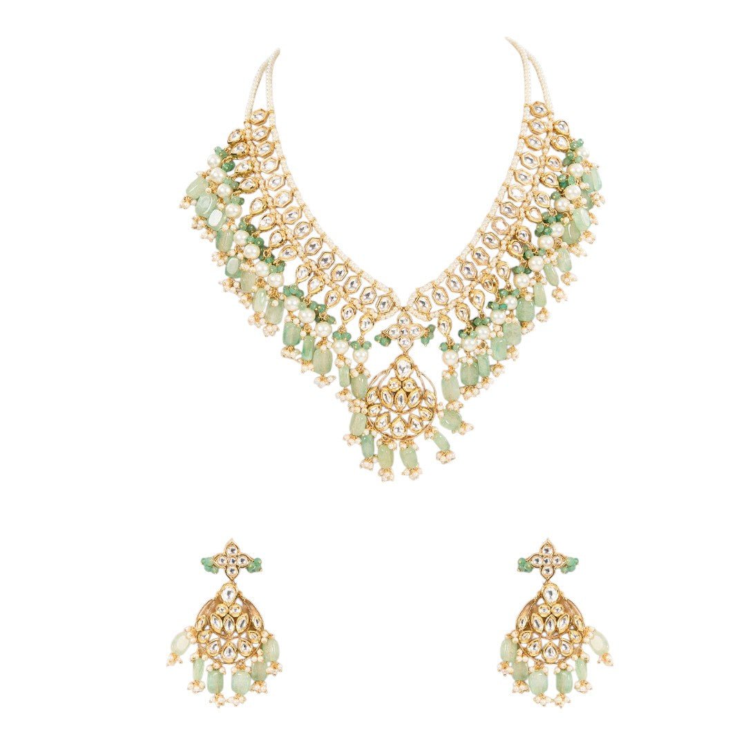 Grand Mint Green Layered Kundan Necklace Set - Auraa Trends - Necklaces - # - Auraa Trends - Grand Mint Green Layered Kundan Necklace Set