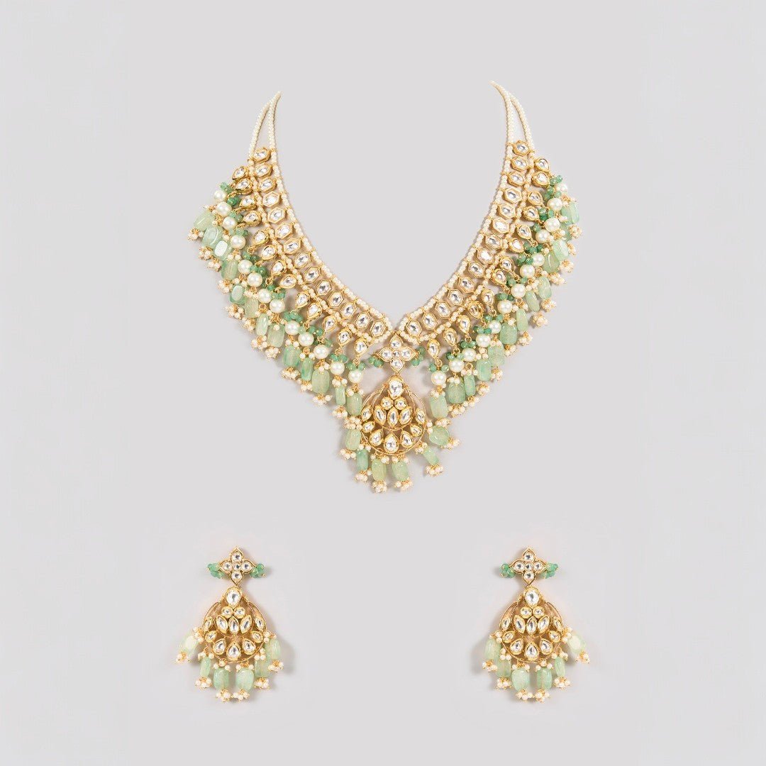 Grand Mint Green Layered Kundan Necklace Set - Auraa Trends - Necklaces - # - Auraa Trends - Grand Mint Green Layered Kundan Necklace Set