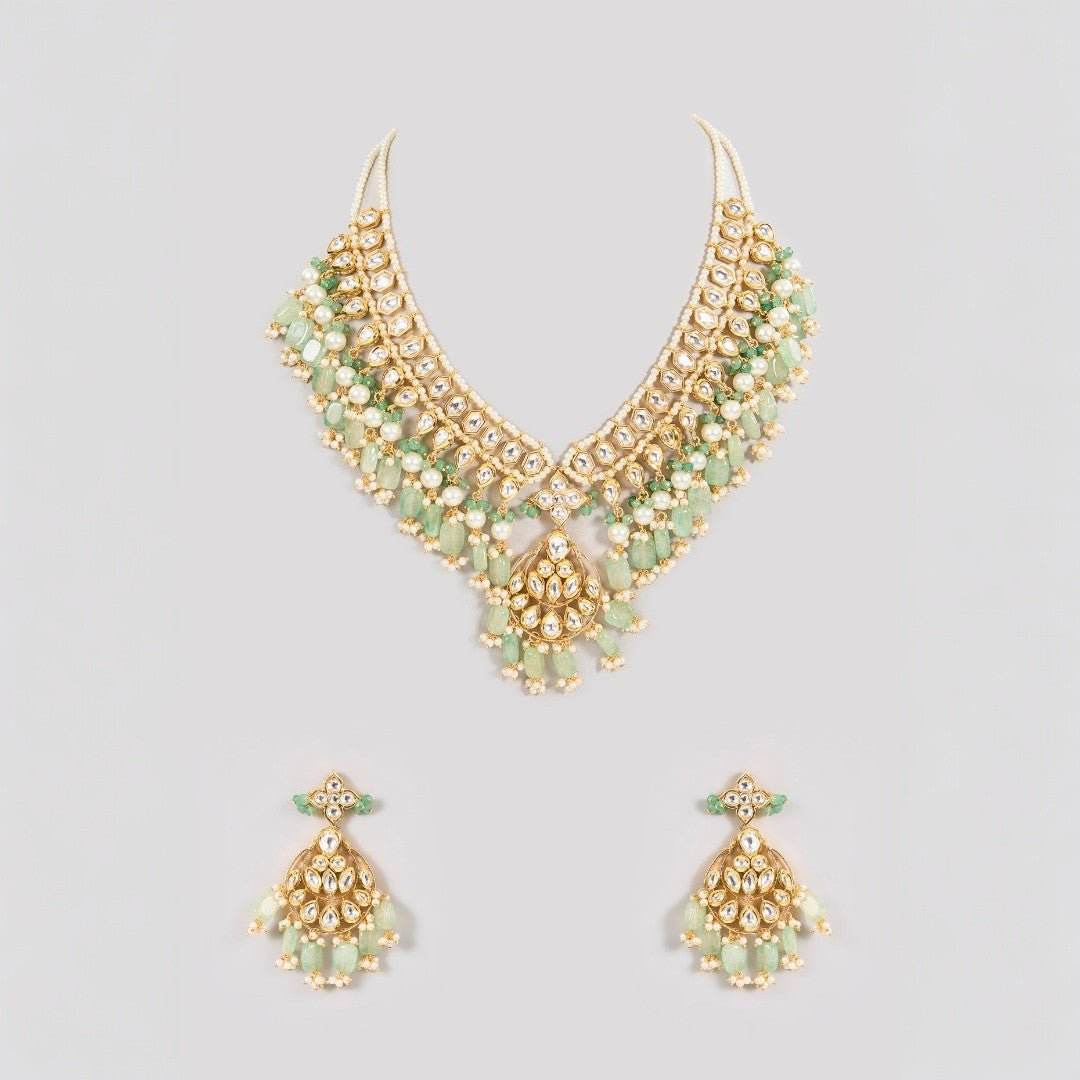 Grand Mint Green Layered Kundan Necklace Set - Auraa Trends