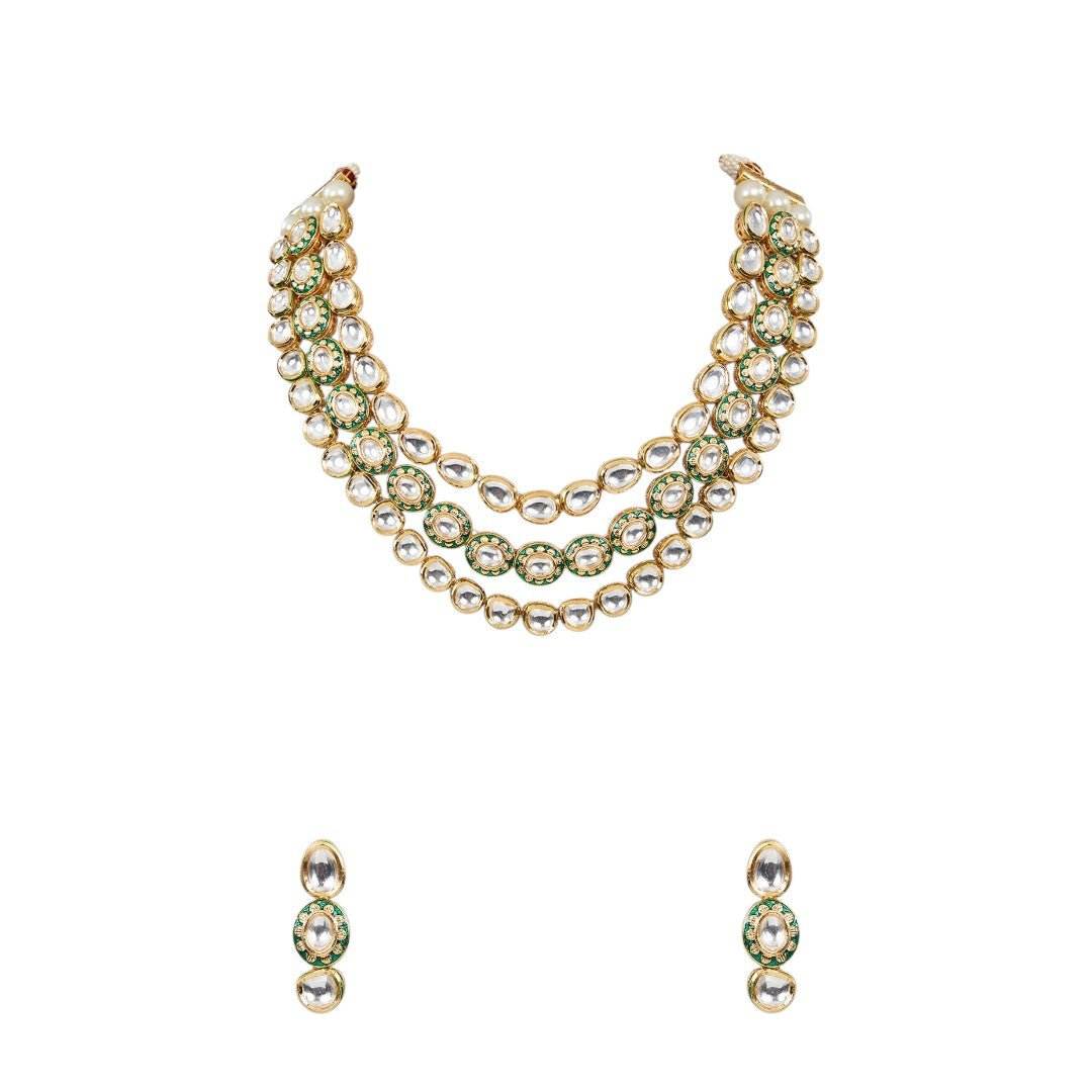 Grand Multi-Layered Kundan & Pearl Bridal Necklace Set with Earrings - Auraa Trends