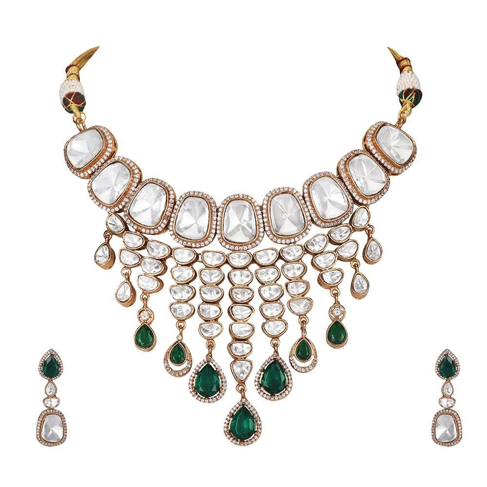 Grand Polki and Emerald Necklace Set with Earrings - Auraa Trends
