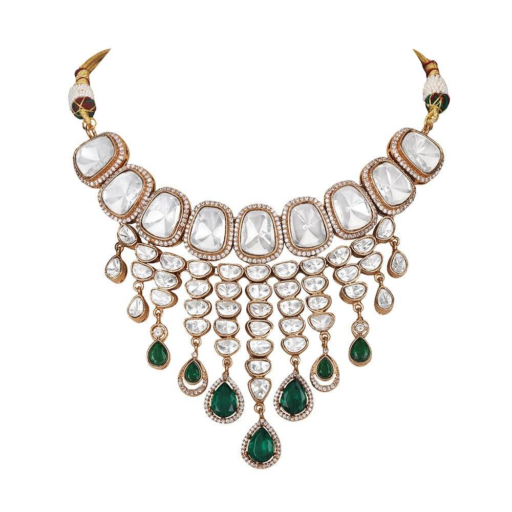 Grand Polki and Emerald Necklace Set with Earrings - Auraa Trends
