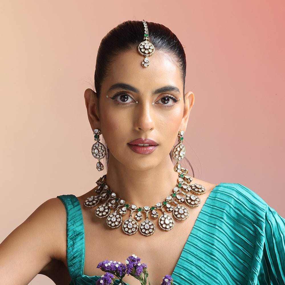 Grand Polki Kundan Bridal Jewelry Set – Antique Finish Necklace, Earrings Maangtikka - Auraa Trends