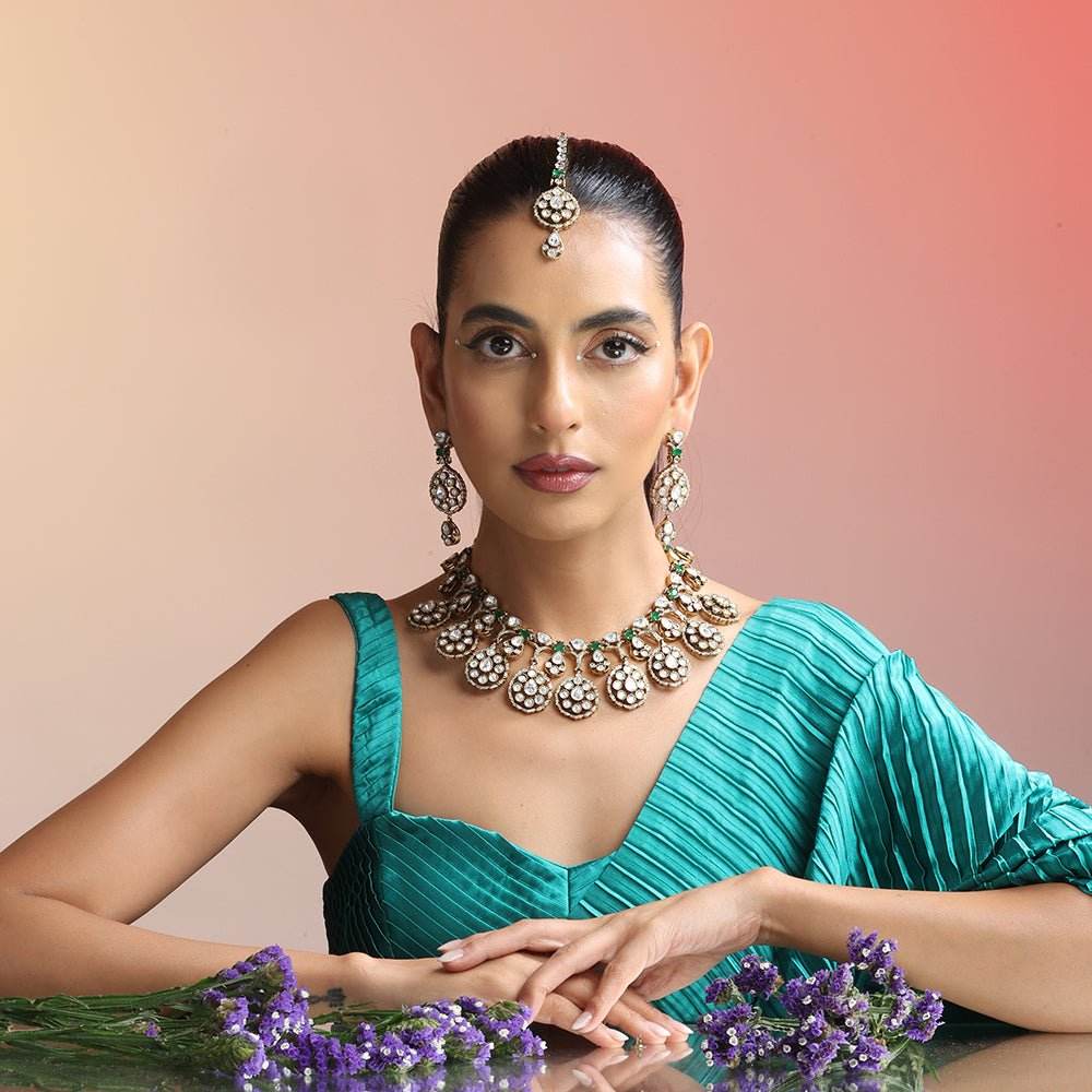 Grand Polki Kundan Bridal Jewelry Set – Antique Finish Necklace, Earrings Maangtikka - Auraa Trends