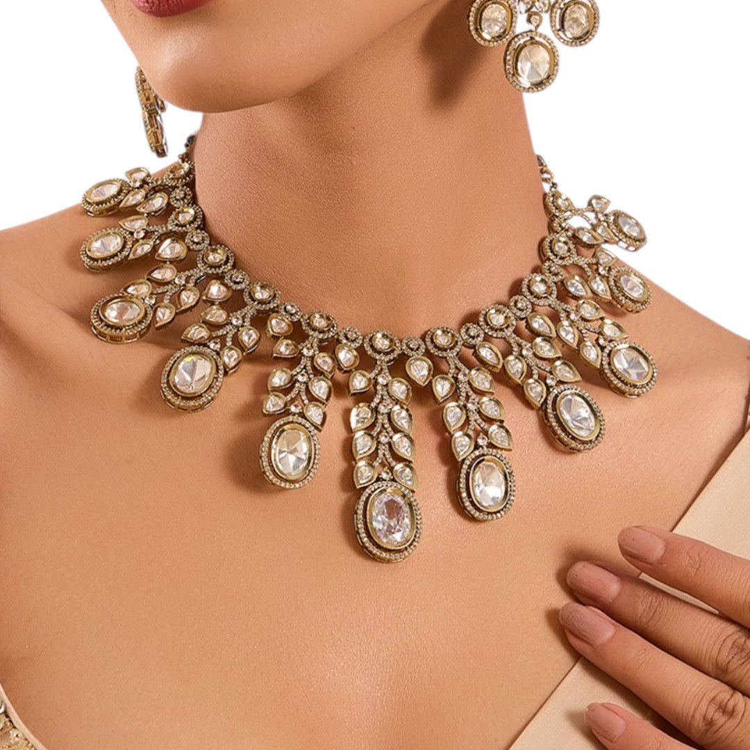 Grand Polki - Style Kundan Necklace Set with Dangling Pear Motifs - Auraa Trends - Polki style Handmade ethnic jewelry set