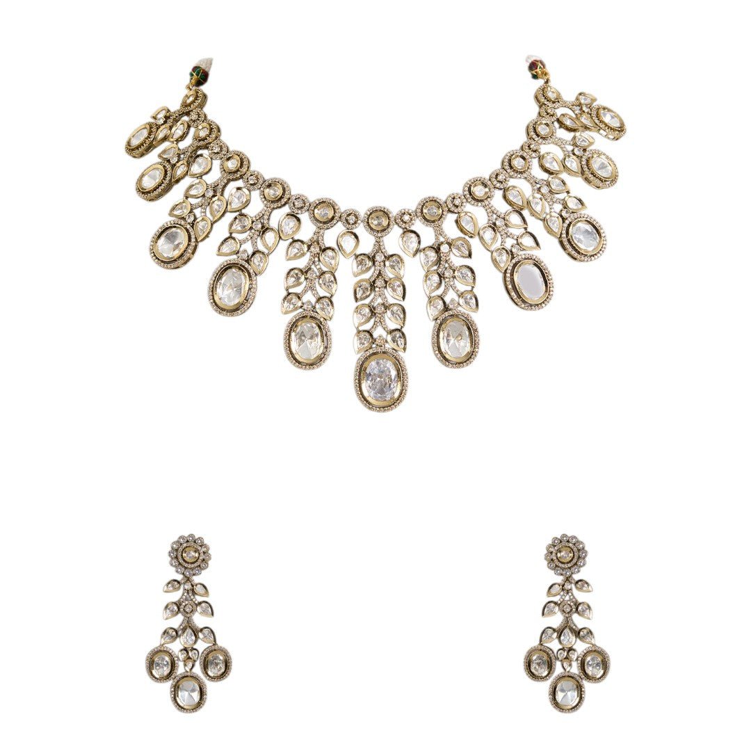 Grand Polki - Style Kundan Necklace Set with Dangling Pear Motifs - Auraa Trends - Polki style Handmade ethnic jewelry set