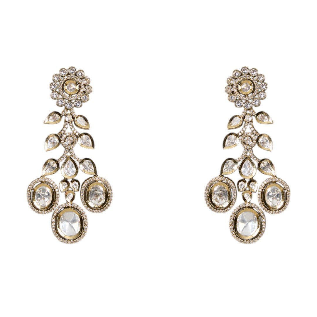 Grand Polki - Style Kundan Necklace Set with Dangling Pear Motifs - Auraa Trends - Polki style Handmade ethnic jewelry set
