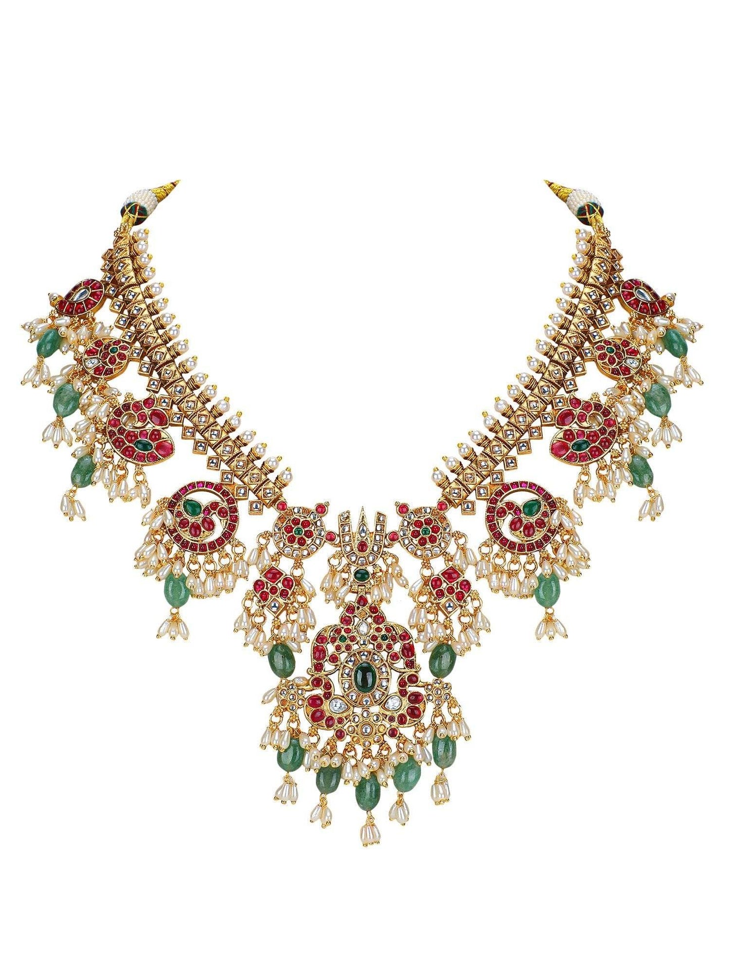 Grand Temple-Inspired Kundan Choker Necklace Set with Ruby & Emerald Detailing - Auraa Trends