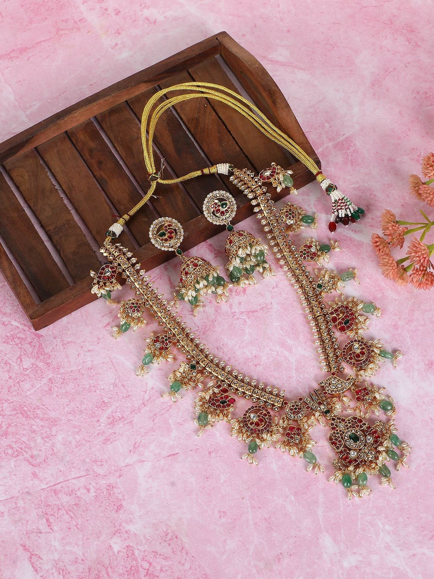 Grand Temple-Inspired Kundan Choker Necklace Set with Ruby & Emerald Detailing - Auraa Trends