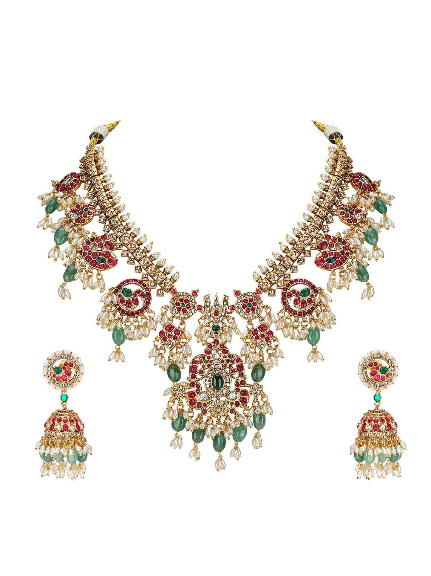 Grand Temple-Inspired Kundan Choker Necklace Set with Ruby & Emerald Detailing - Auraa Trends