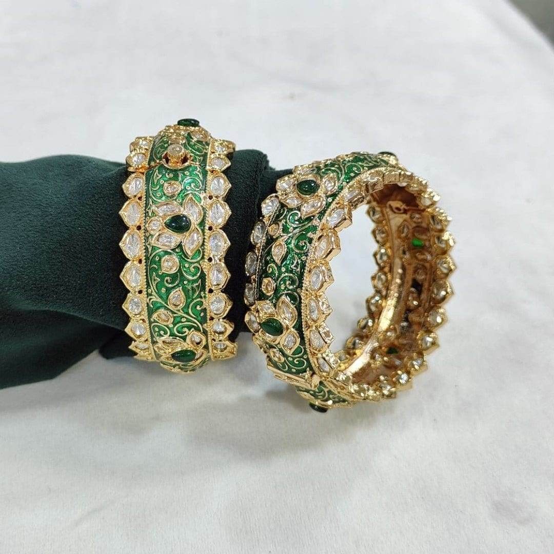 Green Enamel Gold-Plated Stone-Studded Bangles for Women - Auraa Trends
