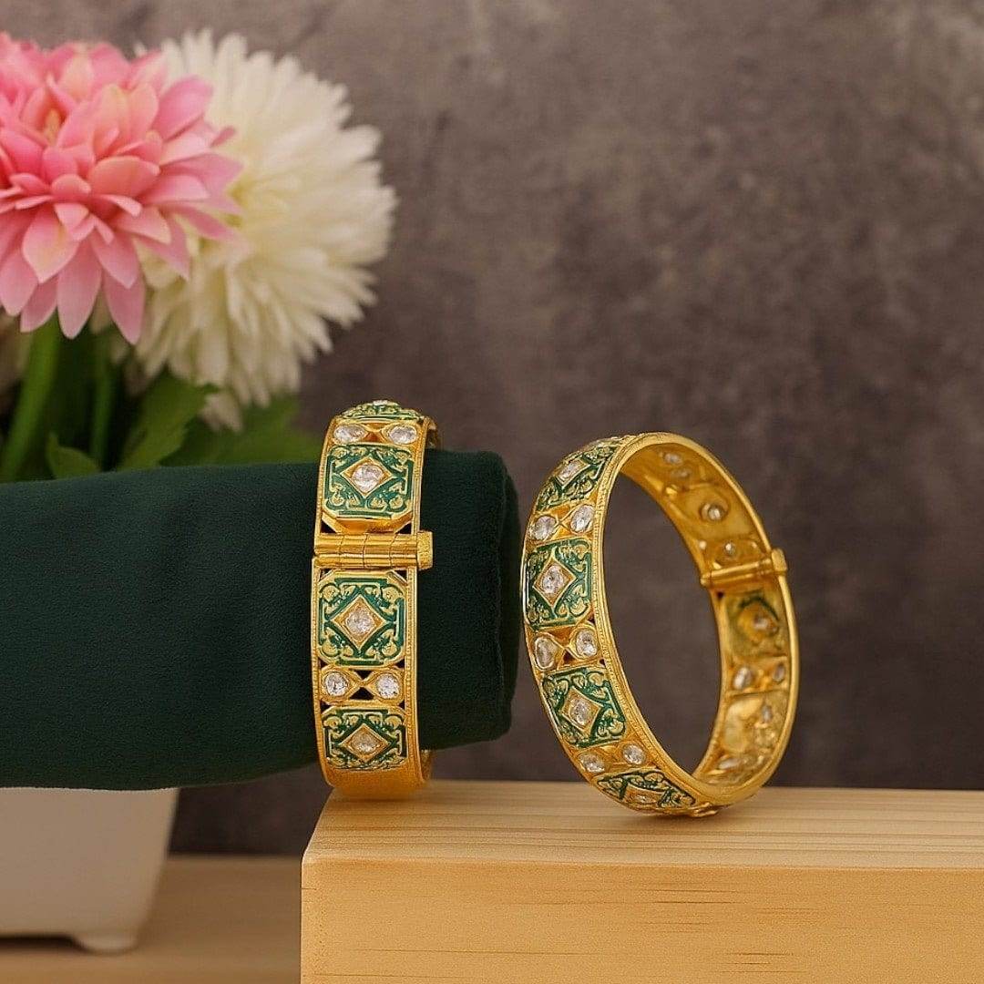 Green Enamel Gold-Plated Stone-Studded Openable Bangles for Women - Auraa Trends