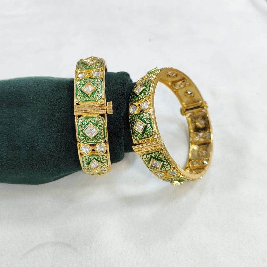 Green Enamel Gold-Plated Stone-Studded Openable Bangles for Women - Auraa Trends