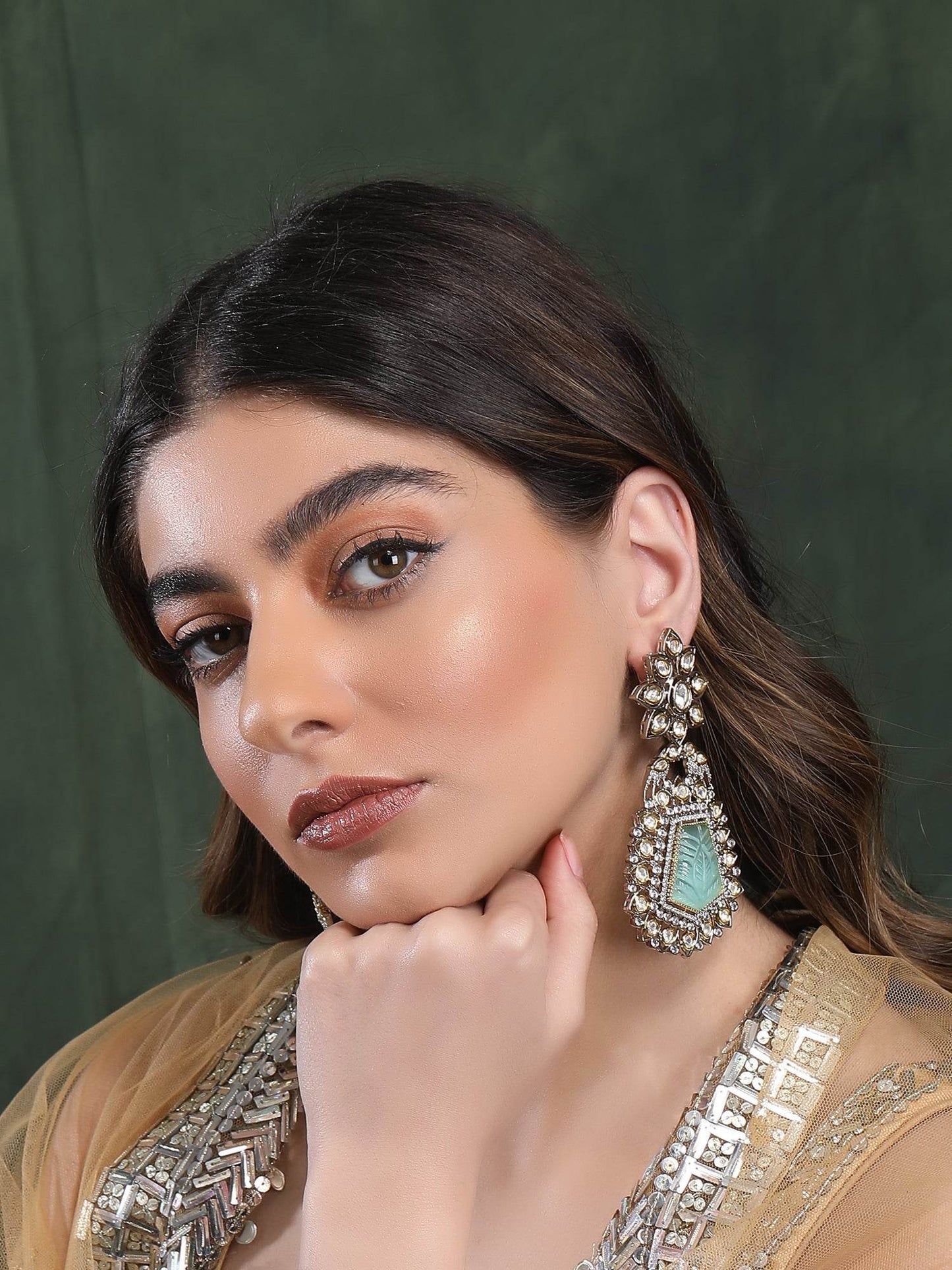 Green Golden Classic Polki Earrings - Auraa Trends