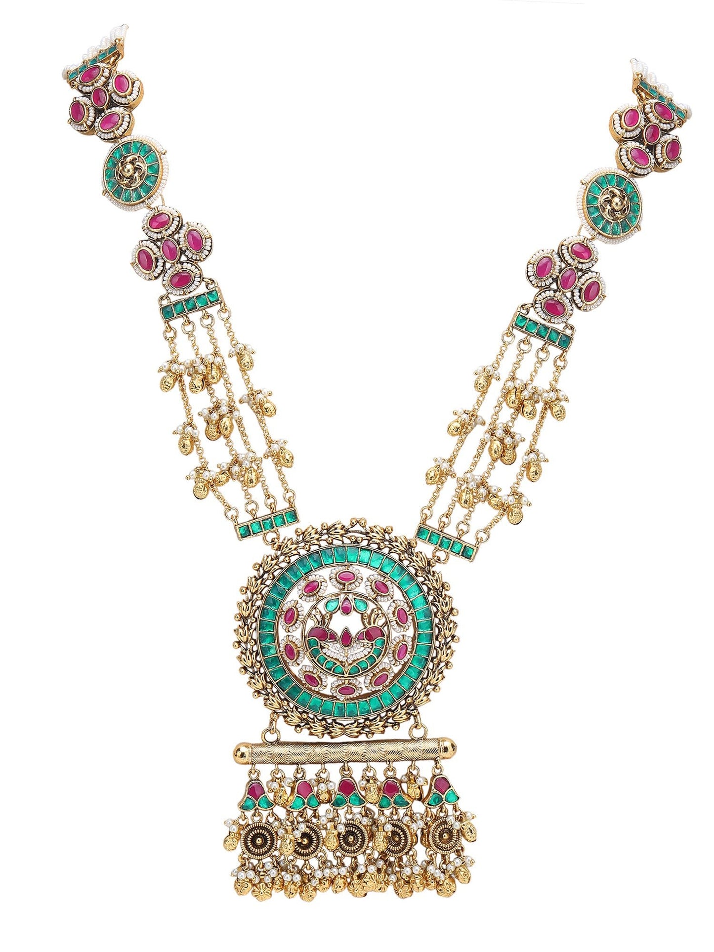 Green Kundan Beaded Rani Haar Necklace Set with Matching Earrings - Auraa Trends - Rani Haar - Rani Haar Fashion Jewellery