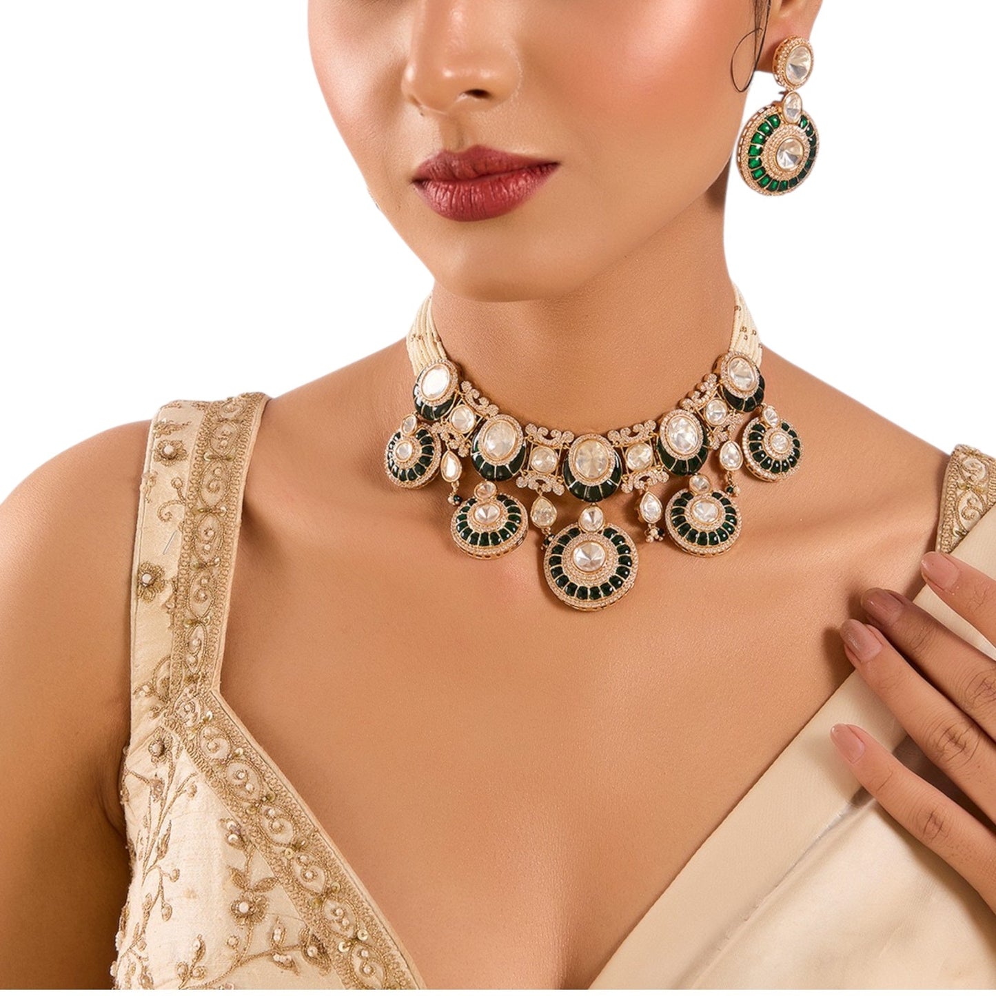 Green Kundan Choker Necklace Set with White Stones & Earrings for Bridal and Ethnic Wear - Auraa Trends - Necklace - - Auraa Trends - Green enamel kundan choker necklace with white stones and earringsā āTraditional gold - tone bridal choker with pearl strands and kundan detailingā āIndian wedding jewelry set with green and white kundan stonesā