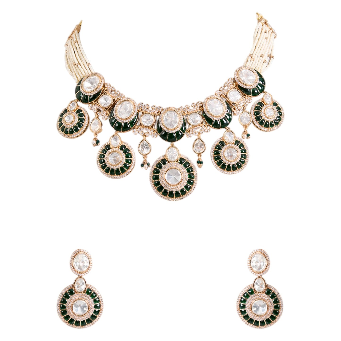 Green Kundan Choker Necklace Set with White Stones & Earrings for Bridal and Ethnic Wear - Auraa Trends - Necklace - - Auraa Trends - Green enamel kundan choker necklace with white stones and earringsā āTraditional gold - tone bridal choker with pearl strands and kundan detailingā āIndian wedding jewelry set with green and white kundan stonesā