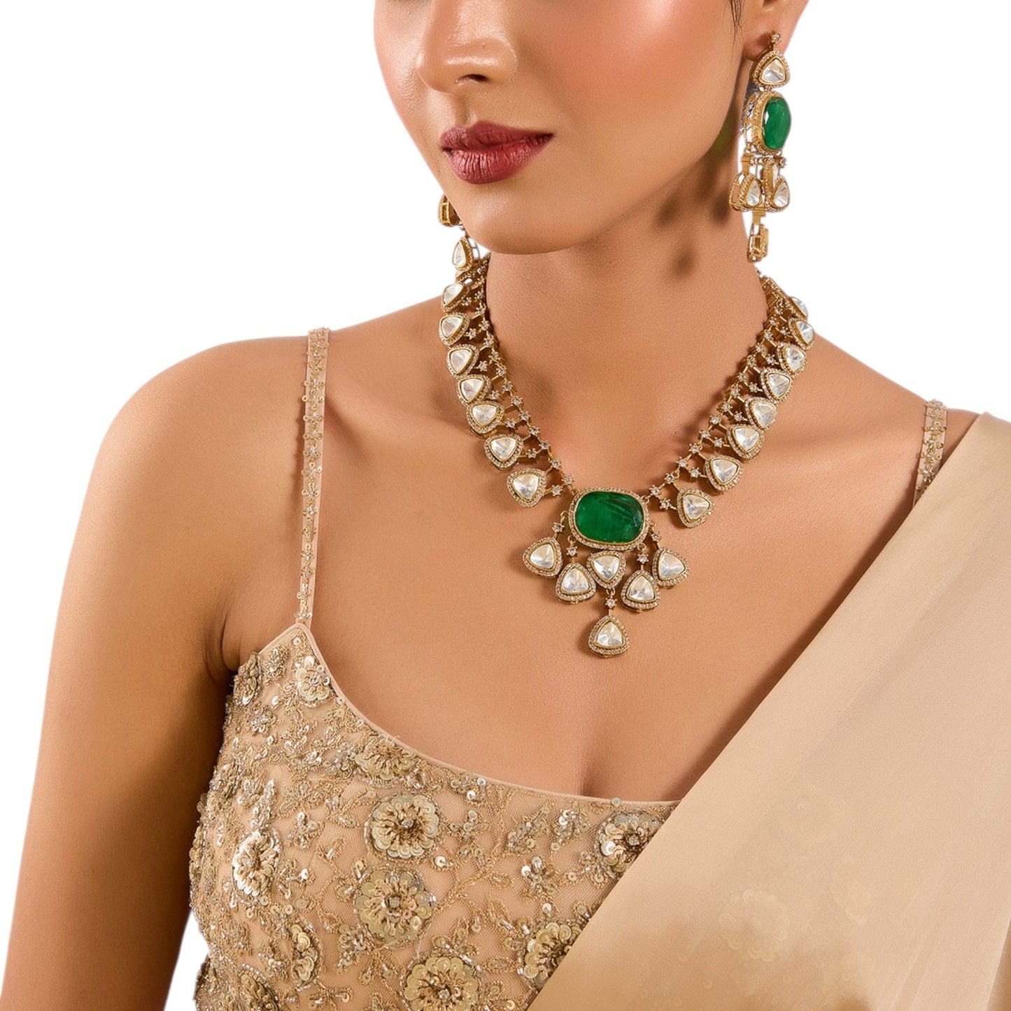 Green Kundan Polki Necklace Set with Earrings | Bridal & Festive Wear Jewelry - Auraa Trends - Necklace - - Auraa Trends - “Green emerald kundan necklace set with white polki stones and earrings” “Indian bridal jewelry set with green center stone and gold finish” “Traditional kundan necklace with matching earrings for festive wear”