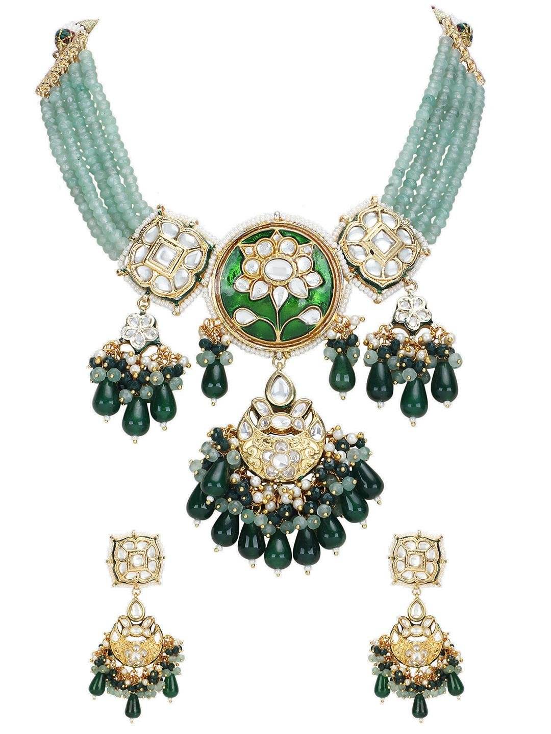 Green Kundan Statement Necklace Set - Auraa Trends