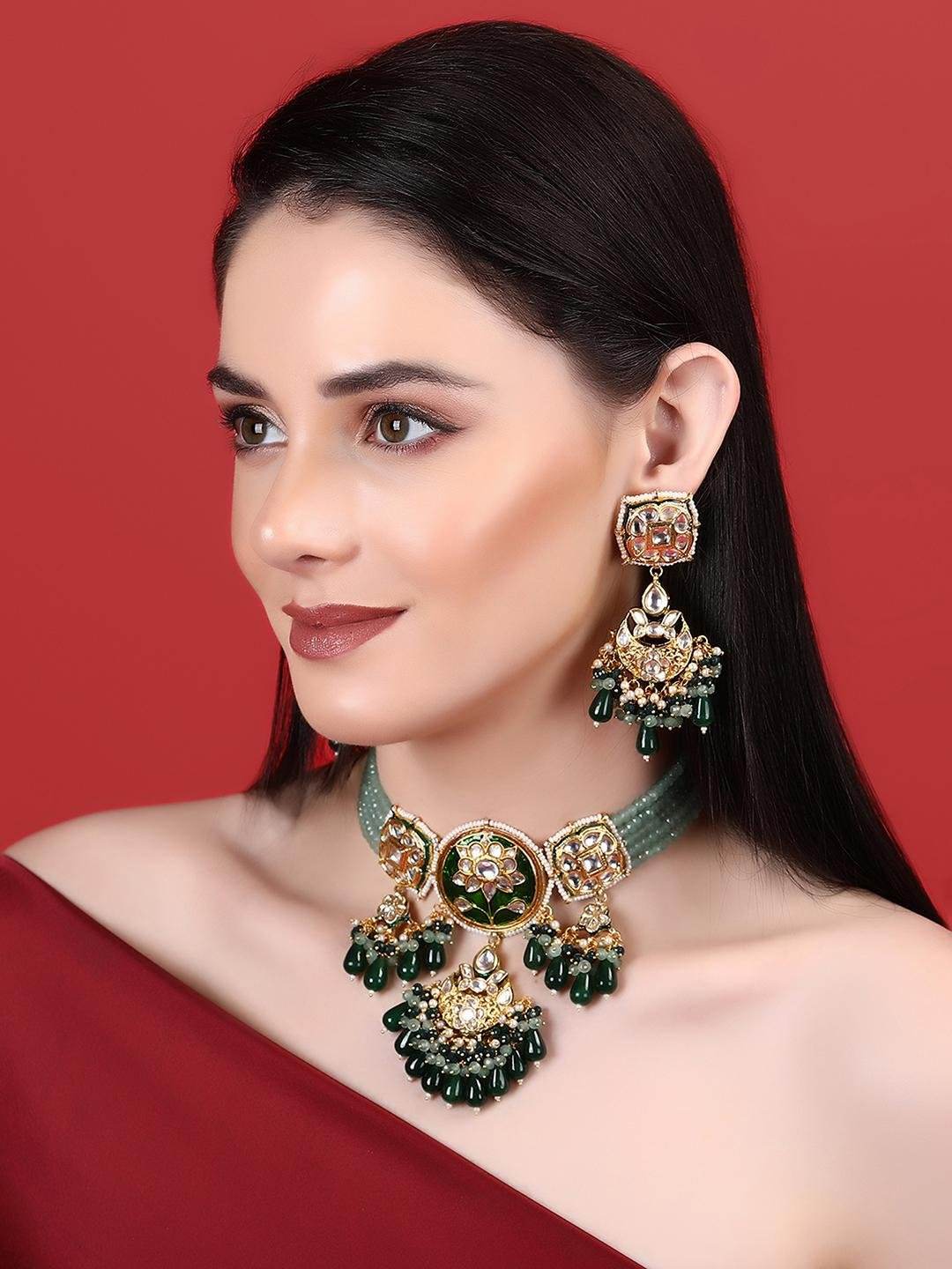 Green Kundan Statement Necklace Set - Auraa Trends