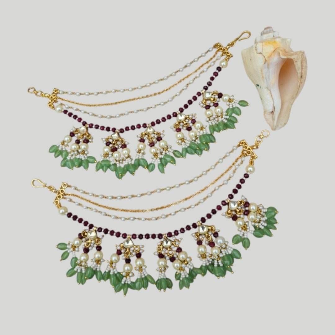 Green & Maroon Kundan Pearl Multi-Layer Kaan Chain - Auraa Trends