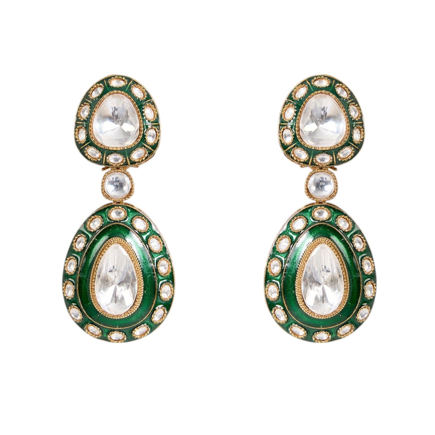 Green Meenakari Kundan Polki Necklace Set with Earrings | Bridal & Festive Jewelry - Auraa Trends - Necklace - - Auraa Trends - “Double - layer green meenakari kundan polki necklace set with matching earrings” “Indian bridal jewelry set with enamel finish and teardrop stones” “Gold - toned kundan choker set for weddings and festivals”