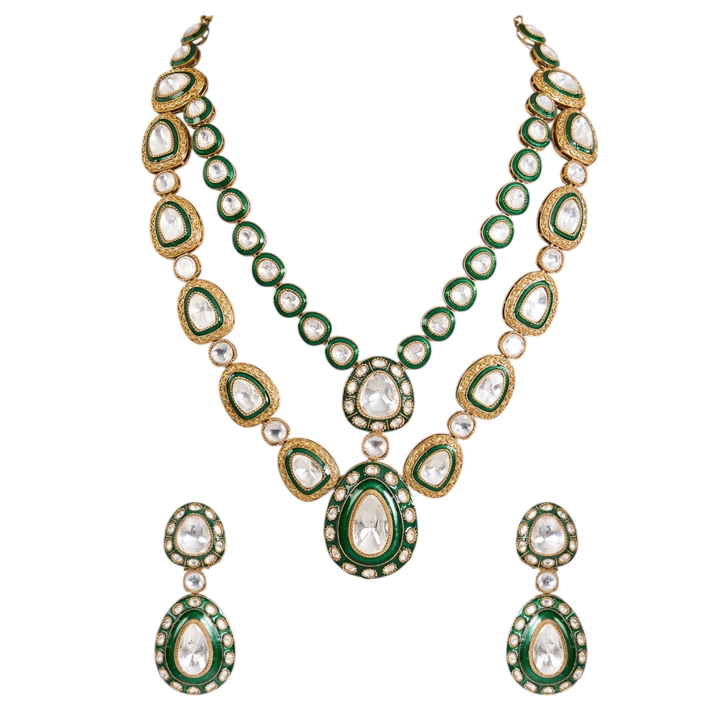 Green Meenakari Kundan Polki Necklace Set with Earrings | Bridal & Festive Jewelry - Auraa Trends - Necklace - - Auraa Trends - “Double - layer green meenakari kundan polki necklace set with matching earrings” “Indian bridal jewelry set with enamel finish and teardrop stones” “Gold - toned kundan choker set for weddings and festivals”