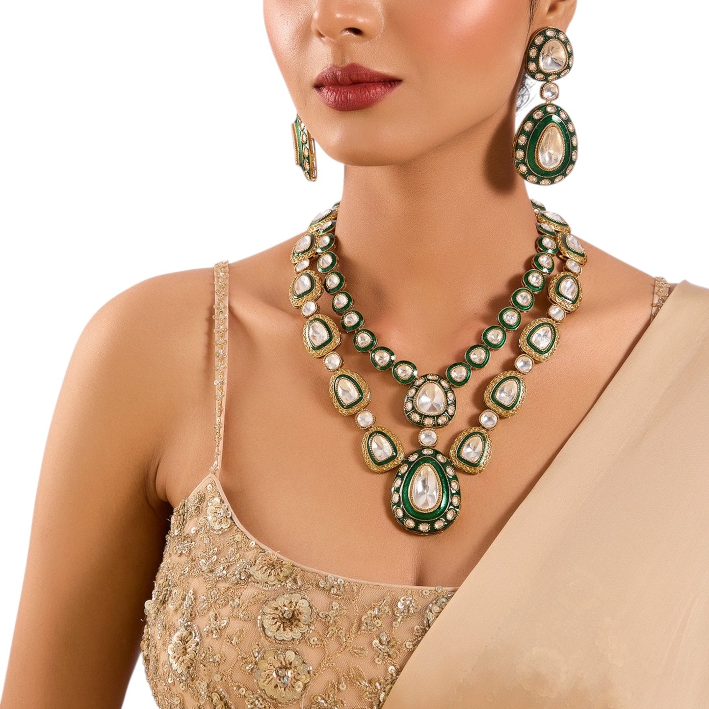 Green Meenakari Kundan Polki Necklace Set with Earrings | Bridal & Festive Jewelry - Auraa Trends - Necklace - - Auraa Trends - “Double - layer green meenakari kundan polki necklace set with matching earrings” “Indian bridal jewelry set with enamel finish and teardrop stones” “Gold - toned kundan choker set for weddings and festivals”