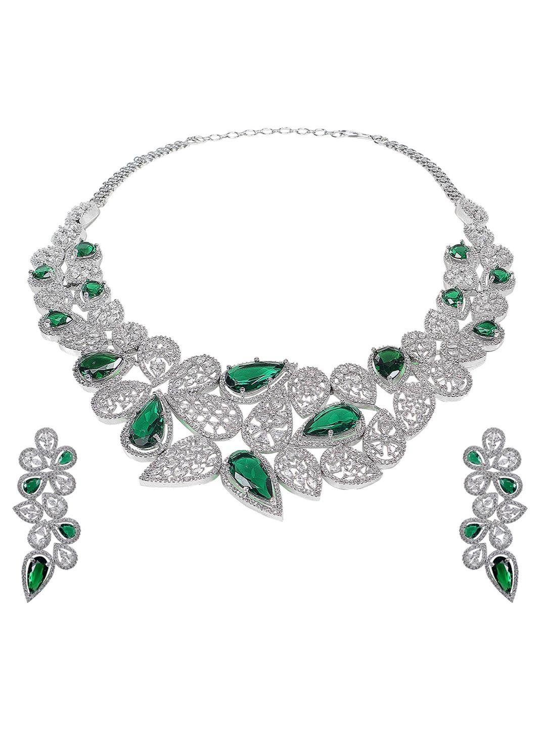 Green Rhodium Plated American Diamond Necklace Set For Women - Auraa Trends