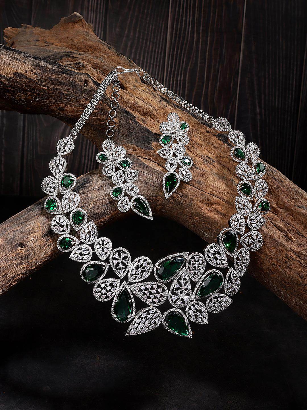 Green Rhodium Plated American Diamond Necklace Set For Women - Auraa Trends