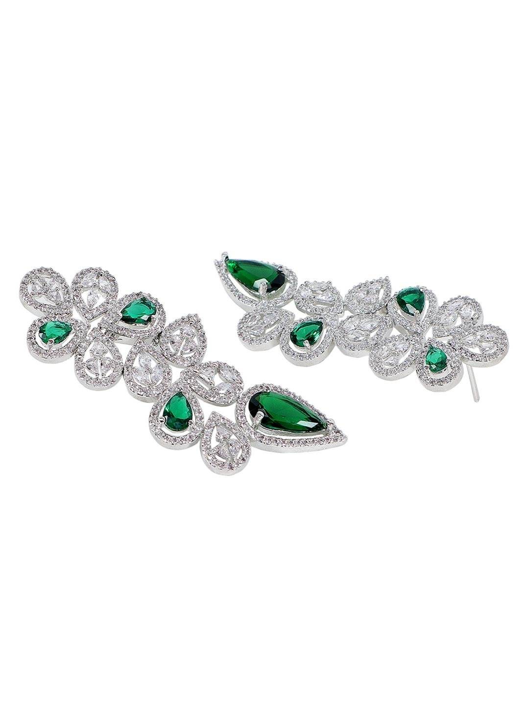 Green Rhodium Plated American Diamond Necklace Set For Women - Auraa Trends