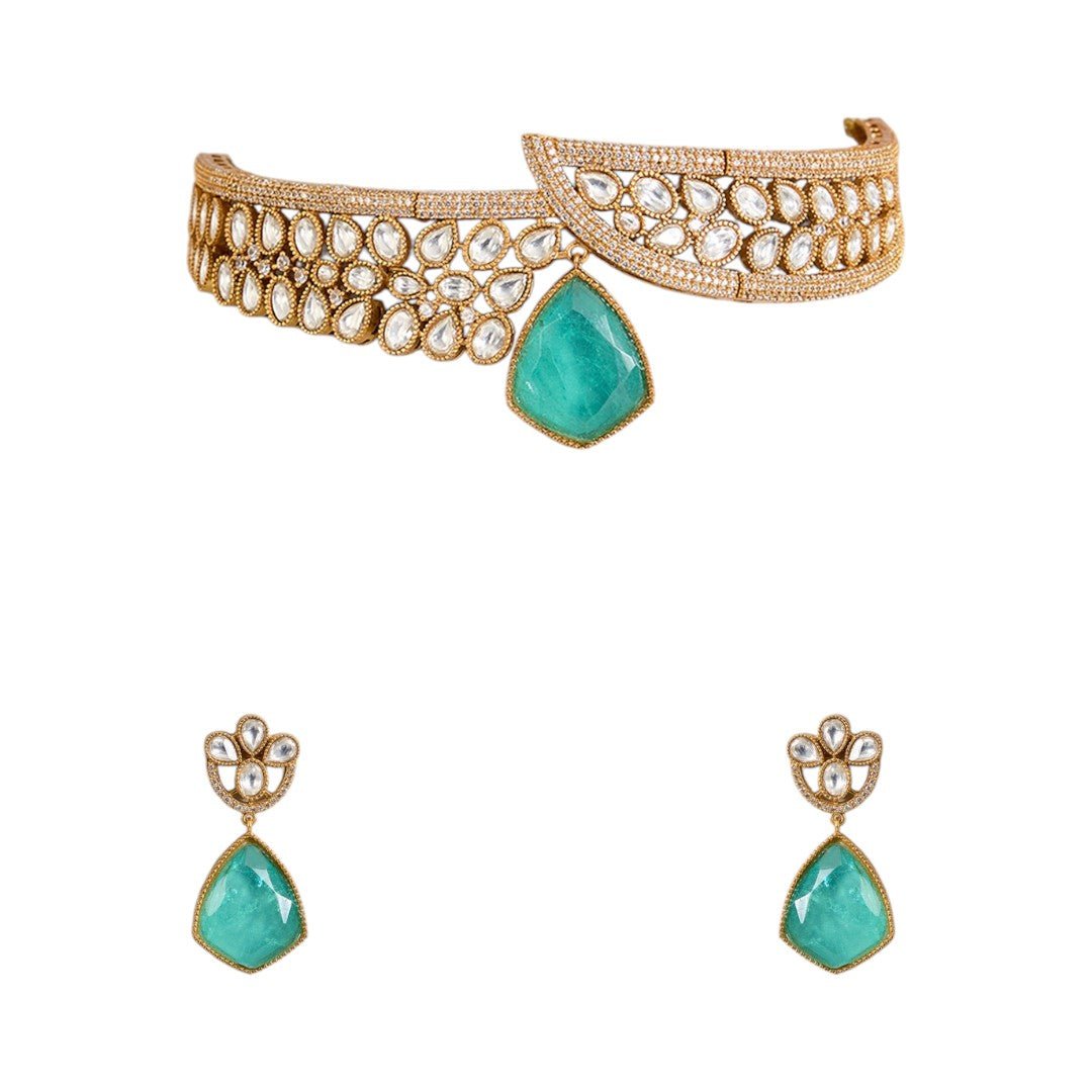 Green stone necklace set, Bridal fashion jewelry - Auraa Trends - Choker - Green stone necklace set, Bridal fashion jewelry