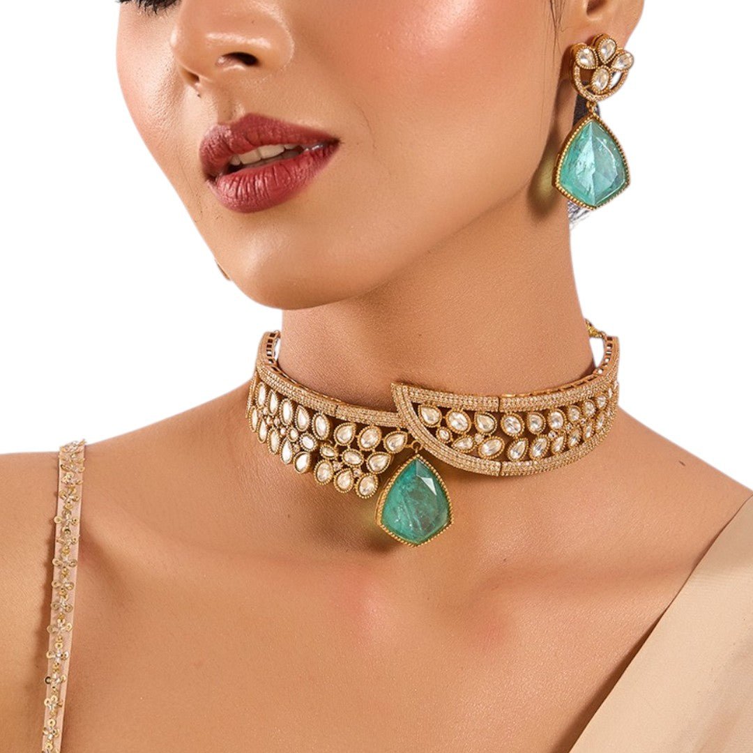 Green stone necklace set, Bridal fashion jewelry - Auraa Trends - Choker - Green stone necklace set, Bridal fashion jewelry