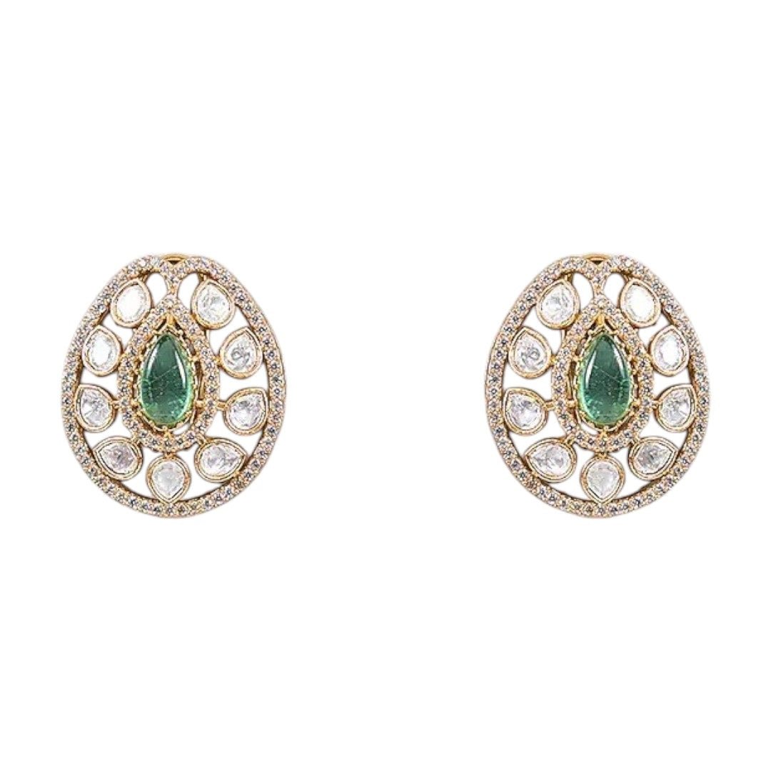 Green Stone & Pearl Embellished Kundan Choker Necklace Set - Auraa Trends - Necklace Set - - Auraa Trends - Woman wearing green kundan and pearl embellished gold - plated choker necklace set with matching oval earrings – traditional Indian bridal jewelry for weddings or festive occasions.