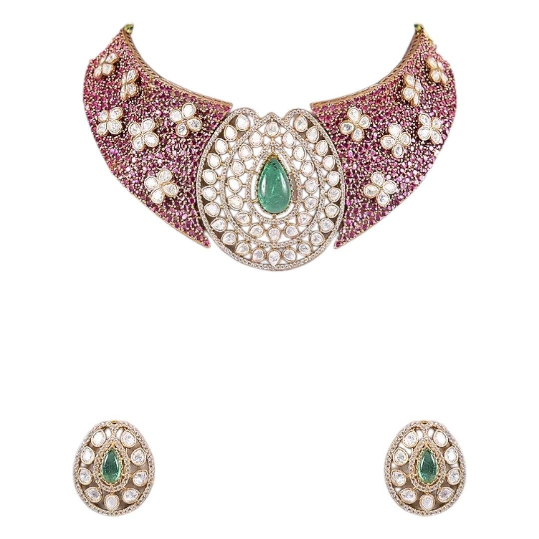 Green Stone & Pearl Embellished Kundan Choker Necklace Set - Auraa Trends - Necklace Set - - Auraa Trends - Woman wearing green kundan and pearl embellished gold - plated choker necklace set with matching oval earrings – traditional Indian bridal jewelry for weddings or festive occasions.