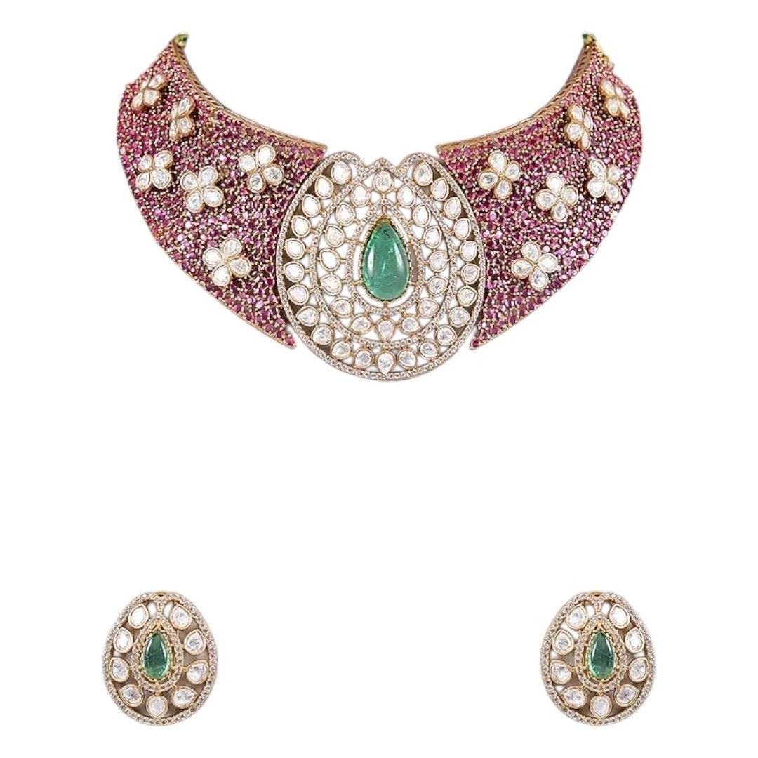 Green Stone & Pearl Embellished Kundan Choker Necklace Set - Auraa Trends